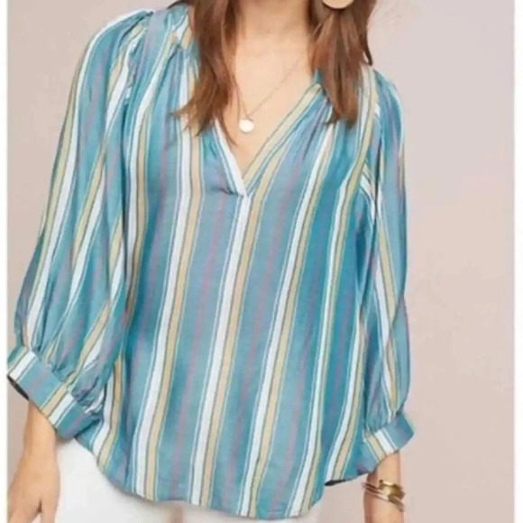 Anthropologie Tops - Anthropologie Maeve Byron Striped Blouse Split Neck Size S